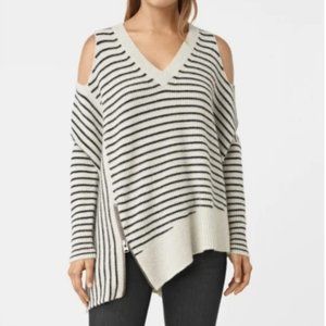 Allsaints Able Striped Wool Sweater w/ cutout shoulders & zipper detail - L